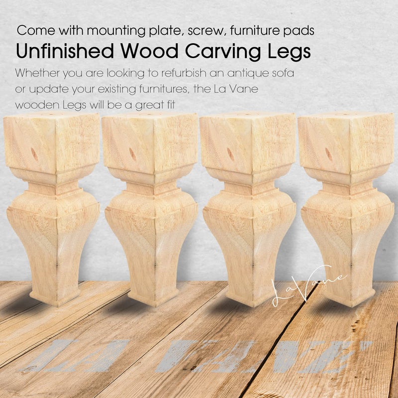 La Vane 8 inch / 20cm Wooden Furniture Legs  Set of 4 Carved Geometry Solid Wood Unfinished Replacement Bun Feet with Mounting Plate & Screws for Sofa Cabinet Couch Table TV Stand - Image 2